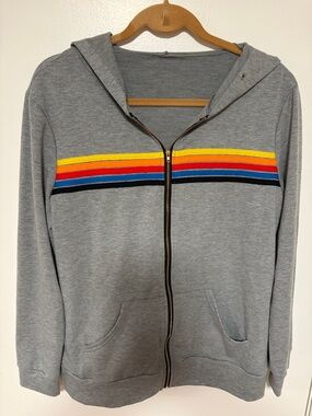 Gray Zip-Up Hoodie with Rainbow Chest Stripes